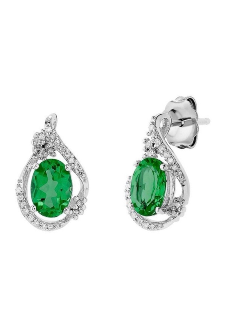 Helzberg Lab Created Emerald & Diamond Earrings In Sterling Silver